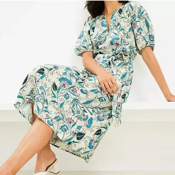 Ann Taylor Loft Linen Floral V-Neck Puff Sleeve Midi Dress Size MP Belted - Picture 5 of 16